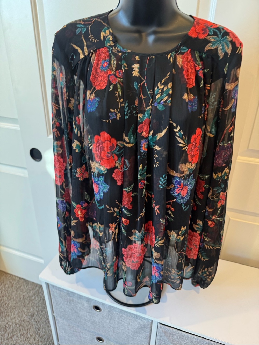 Maeve Black Floral Pleated Long-Sleeve Blouse - Anthropologie